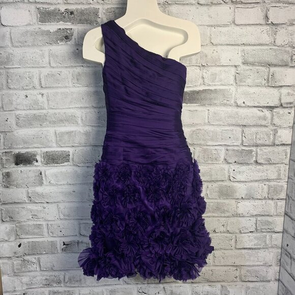 Theia One Shoulder Purple 100% Silk Ruched Rosette 3D Appliqué Cocktail Dress - Picture 5 of 16
